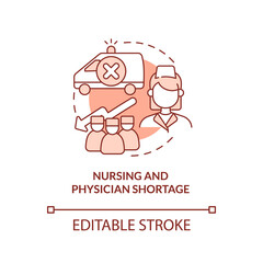 Obraz premium Nursing and physician shortage terracotta concept icon. Healthcare problem abstract idea thin line illustration. Isolated outline drawing. Editable stroke. Arial, Myriad Pro-Bold fonts used