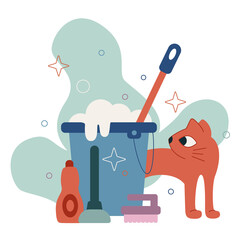 Vector flat cartoon illustration. Housework. Floor washing. A bucket with a mop is on the floor.