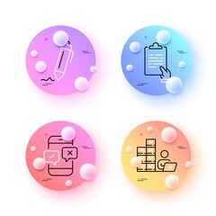 Signature, Inventory and Clipboard minimal line icons. 3d spheres or balls buttons. Phone survey icons. For web, application, printing. Written pen, Goods operator, Survey document. Vector