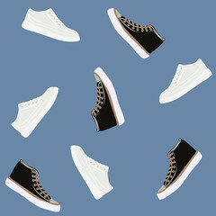 Vector pattern depicting black and white sneakers on a grey and blue background 