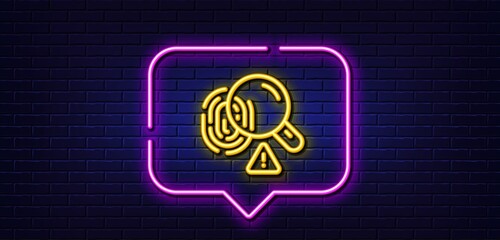 Neon light speech bubble. Fingerprint line icon. Finger print scan sign. Biometric identity symbol. Neon light background. Fingerprint glow line. Brick wall banner. Vector