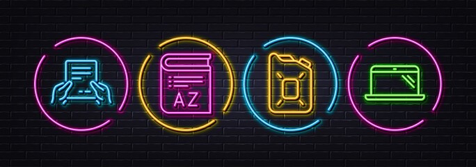 Receive file, Canister oil and Vocabulary minimal line icons. Neon laser 3d lights. Laptop icons. For web, application, printing. Hold document, Gasoline fuel, Book. Computer. Vector