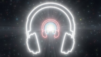 Music Headphones Shape Outline Shiny Glowing Neon Light Tunnel Portal - Abstract Background Texture