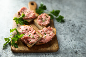 Traditional pork pate or sausage on a white bread