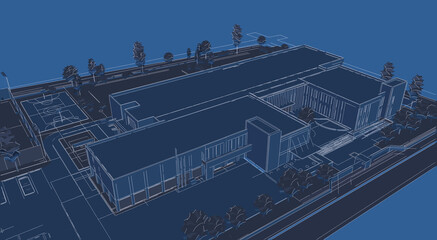  3d illustration of a two floor school building campus.  Small building with recreational and sports areas around. Architectural abstract perspective in blueprint style. 