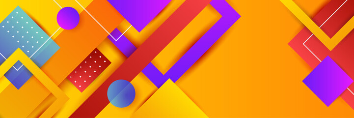 Modern colorful red orange abstract geometric banner background. Tech banner with square, triangle, circle, and geometric shapes. Vector abstract graphic design banner pattern background template.