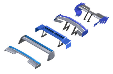 Spoiler for the car. Set of sports spoilers for racing car. Spoiler in isometrics of different modifications. 3d icon of cartoon style spoilers. Clipart of different spoilers. Racing inventory game