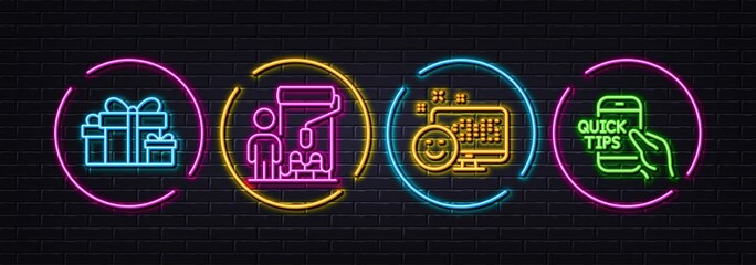Holiday presents, Painter and Smile minimal line icons. Neon laser 3d lights. Education icons. For web, application, printing. Gift boxes, Paint brush, Positive feedback. Quick tips. Vector
