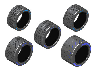 Auto tire in isometry. Set of car tires with different treads. Different 3d auto tire. Auto tire icons on white background. Tire clipart with different tread pattern. EPS 10 vector illustration
