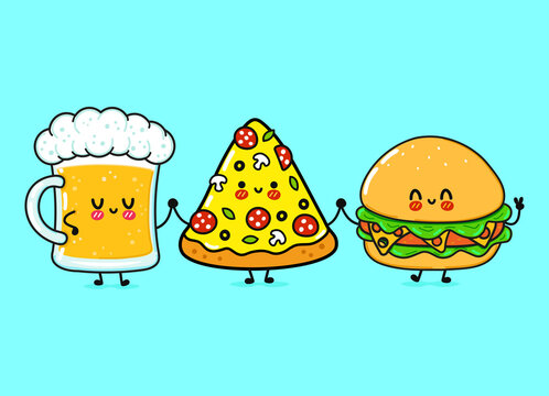 Cute, funny happy glass of beer, pizza and hamburger. Vector hand drawn cartoon kawaii characters, illustration icon. Funny cartoon glass of beer, pizza and hamburger mascot friends concept