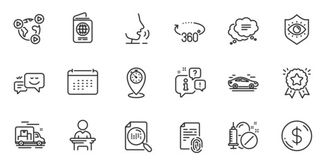Outline set of Dollar money, Ranking star and Timer line icons for web application. Talk, information, delivery truck outline icon. Include Search file, Car, Video conference icons. Vector