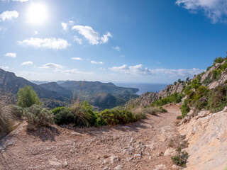 The Serra de Tramuntana mountain landscape with hiking trail going to the sea on Mallorca, Balearic Islands, Spain, Europe