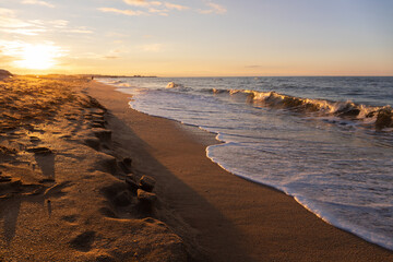 Wave on yellow sand. Caspian Sea.