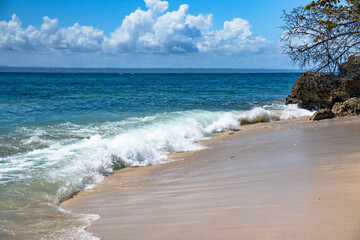 Caribbean Tropical beach, turquoise water and soft ocean waves, yellow sand, green trees. Blue sky with white clouds. View of an exotic island. A vacation in paradise.