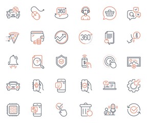 Technology icons set. Included icon as Search document, Cpu processor and Audit web elements. Approved shield, Approved, 360 degree icons. Recovery trash, Phone payment, Wallet web signs. Vector