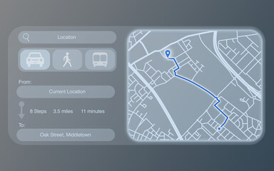 fictitious map app with navigation of a route and map view, technology