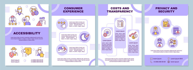 Healthcare quality factors purple brochure template. Accessibility. Leaflet design with linear icons. 4 vector layouts for presentation, annual reports. Arial-Black, Myriad Pro-Regular fonts used