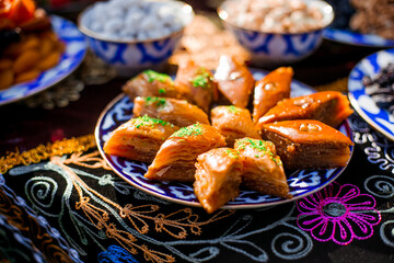 Assortment of desserts, Baklava with pistachio, honey and walnut, Tasty turkish delights