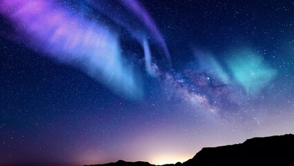 Aurora Purple Green and Milky Way Galaxy  Sunrise Time Lapse Southeast Sky and  Hills - Powered by Adobe