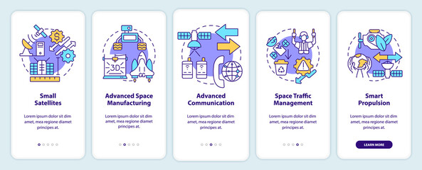 Spacetech trends onboarding mobile app screen. Innovations walkthrough 5 steps graphic instructions pages with linear concepts. UI, UX, GUI template. Myriad Pro-Bold, Regular fonts used