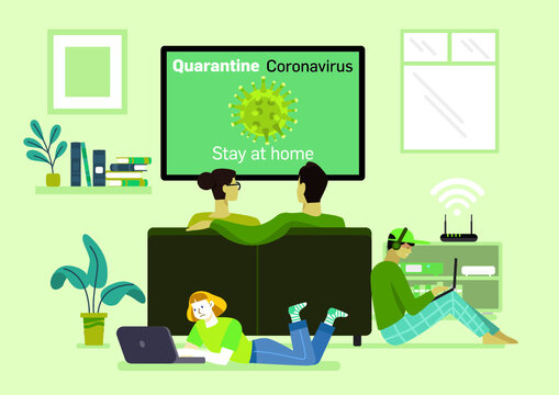 A family staying at home together  at home watching the news about coronavirus covid-19.