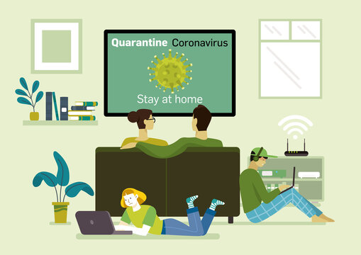 A family staying at home together  at home watching the news about coronavirus covid-19. 