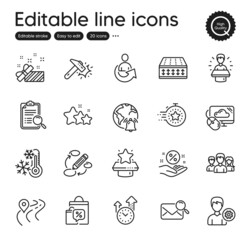 Set of Business outline icons. Contains icons as Hammer blow, Internet notification and Present elements. Flexible mattress, Road, Winner podium web signs. Sale bags, Time management. Vector