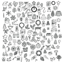 Winter season themed doodle set - snowflakes, icicles, Christmas trees, balls, snowmen, gifts, wreaths, houses, mittens, hats. Freehand vector drawings isolated over white background