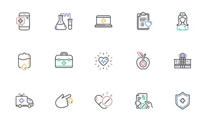Medical line icons. Hospital assistance, Health food diet and Laboratory. Chemistry linear icon set. Bicolor outline web elements. Vector