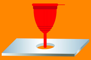 a red watering can enters a hole in a metal plate 