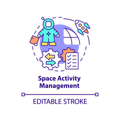 Space activity management concept icon. Organization and service. Spacetech trend abstract idea thin line illustration. Isolated outline drawing. Editable stroke. Arial, Myriad Pro-Bold fonts used