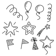 simple doodle illustration for the holiday - flags, stars, balls, fireworks. Vector illustration