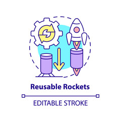 Reusable rockets concept icon. Spacecraft improvement. Space technology abstract idea thin line illustration. Isolated outline drawing. Editable stroke. Arial, Myriad Pro-Bold fonts used