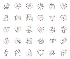 Love icons set. Included icon as Love message, Champagne glasses and Love champagne web elements. Call me, Romantic dinner, Couple icons. Be good, Wedding glasses, Heart web signs. Vector