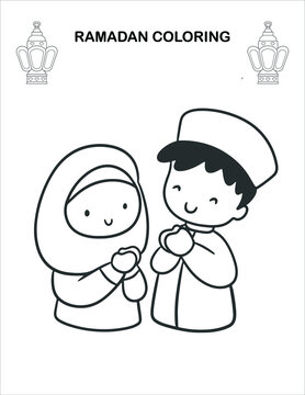 Muslim Cute Cartoon Characters Ramadan Children Coloring Book Pages , Islamic Month Ramadan Worksheet ,Sketch Outline Black And White Pages . Kids Education. Vector Illustration 