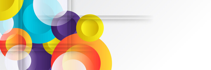 Obraz premium Modern colorful abstract web banner background creative design. Banner design with square, triangle, circle, halftone, and dots. Vector abstract graphic design banner pattern background template.