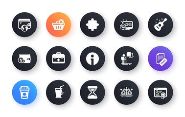 Minimal set of Time, Info and Puzzle flat icons for web development. Web call, Delete purchase, Takeaway coffee icons. Coffee cup, Leadership, Fake news web elements. Guitar. Vector