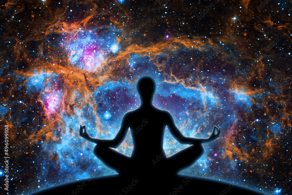 Wall mural yoga figure against universe background with nebula.- elements of this image furnished by nasa