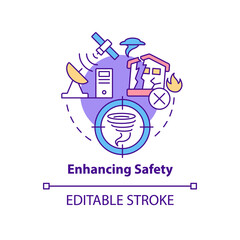 Enhancing safety concept icon. Disasters prevention. Space exploration benefit abstract idea thin line illustration. Isolated outline drawing. Editable stroke. Arial, Myriad Pro-Bold fonts used