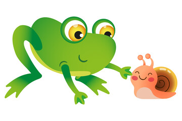 Vector image of a funny, cute green frog and a small snail. Cartoon style. Children's illustration.

