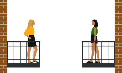Two young female characters stand on opposite balconies on a white background