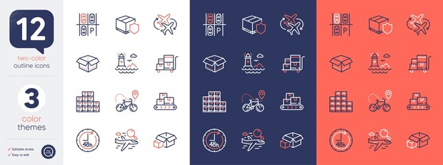 Set of Search flight, Wholesale inventory and Packing boxes line icons. Include Bike delivery, Parking place, Wholesale goods icons. Delivery insurance, Connecting flight. Bicolor outline icon. Vector