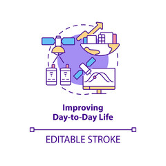 Improving day to day life concept icon. Space exploration benefit abstract idea thin line illustration. Isolated outline drawing. Editable stroke. Arial, Myriad Pro-Bold fonts used