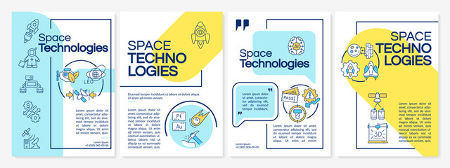 Space technologies blue and yellow brochure template. Equipment for exploration. Leaflet design with linear icons. 4 vector layouts for presentation, annual reports. Questrial, Lato-Regular fonts used