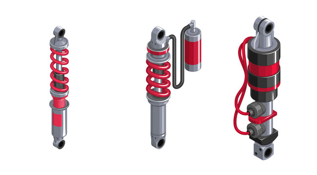 Shock absorber for the car. Racing shock absorber in isometrics. 3d icon of a shock absorber. Set of shock absorber cliparts on white background. Shock absorbers of different modifications. Vector 