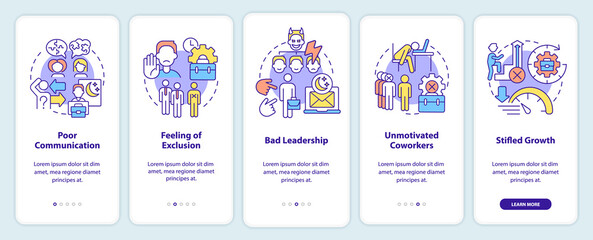 Signs of toxic workplace onboarding mobile app screen. Walkthrough 5 steps graphic instructions pages with linear concepts. UI, UX, GUI template. Myriad Pro-Bold, Regular fonts used