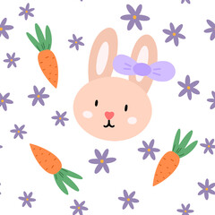 Easter bunny, flower and carrot cute seamless pattern. Happy Easter background. Vector illustration for the design of fabric, gift paper, children s clothing, textiles, cards