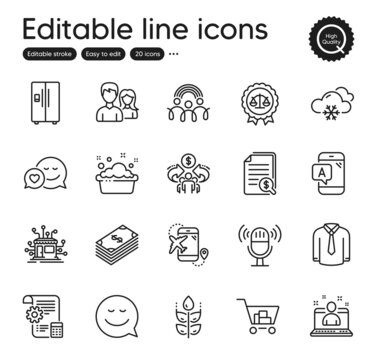 Set of Business outline icons. Contains icons as Dating, Internet shopping and Settings blueprint elements. Smile, Distribution, Justice scales web signs. Ab testing, Sharing economy. Vector