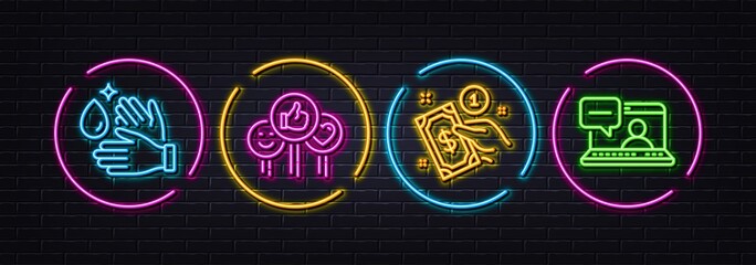 Like, Payment method and Wash hands minimal line icons. Neon laser 3d lights. Friends chat icons. For web, application, printing. Social media likes, Give money, Clean arms. Message. Vector