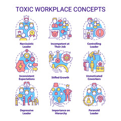 Obraz premium Toxic workplace concept icons set. Toxic leader. Unhealthy work environment idea thin line color illustrations. Isolated symbols. Editable stroke. Roboto-Medium, Myriad Pro-Bold fonts used
